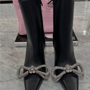 MACH & MACH Black Heeled Boots with Silver Bow